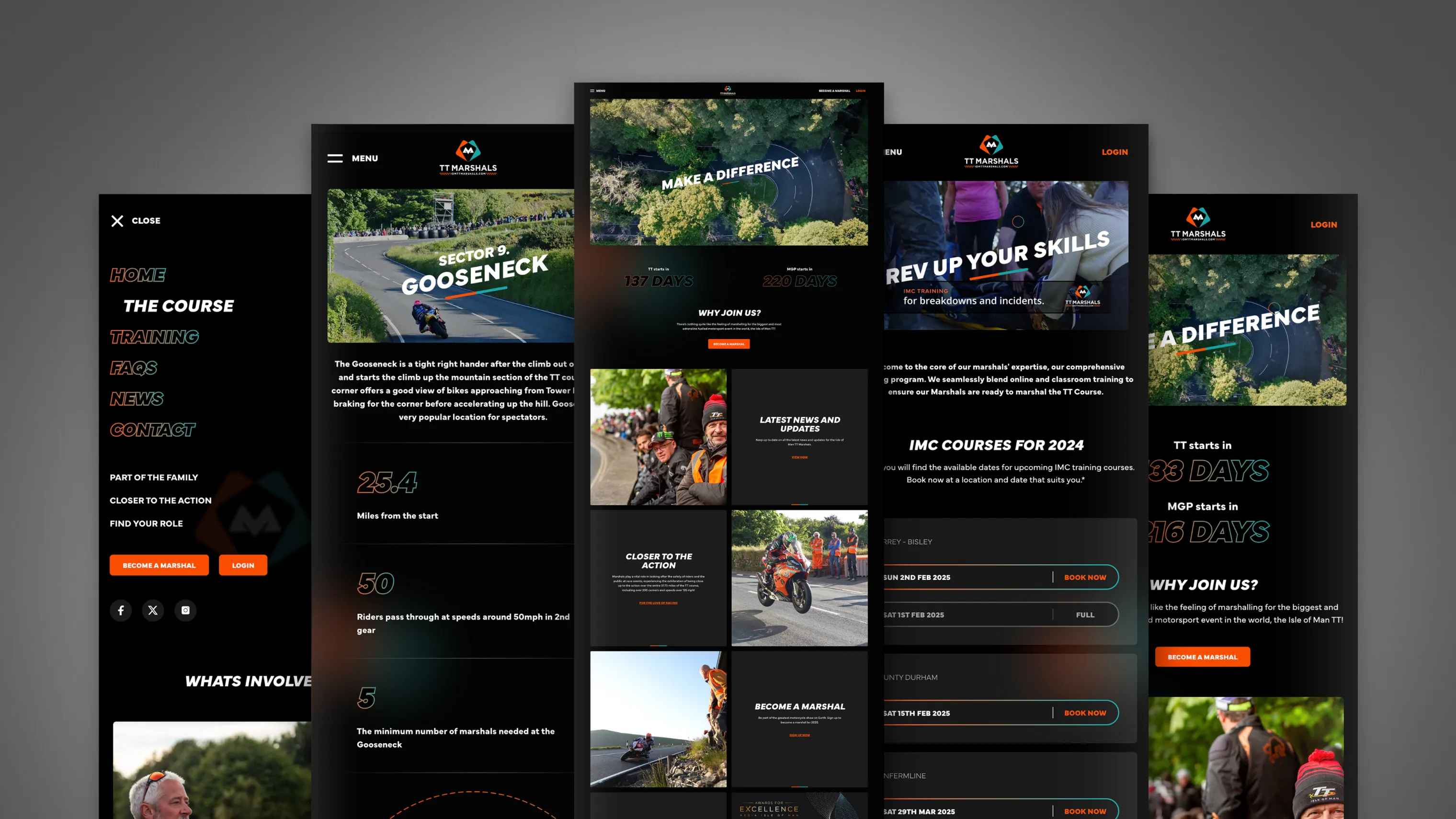 Multiple mobile screen layouts from the TT Marshals website built by DotPerformance, showing the navigation menu, Gooseneck corner page, Make a Difference homepage, Rev Up Your Skills training section, IMC courses for 2024, and marshal recruitment countdown